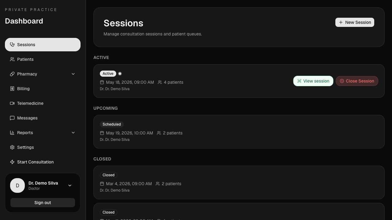 Sessions dashboard after sign-in, with active, upcoming, and closed sessions.