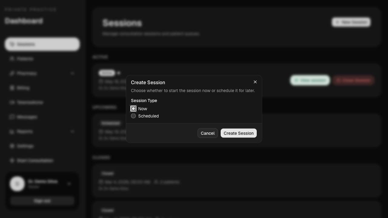 The New Session dialog lets you start now or schedule for later.