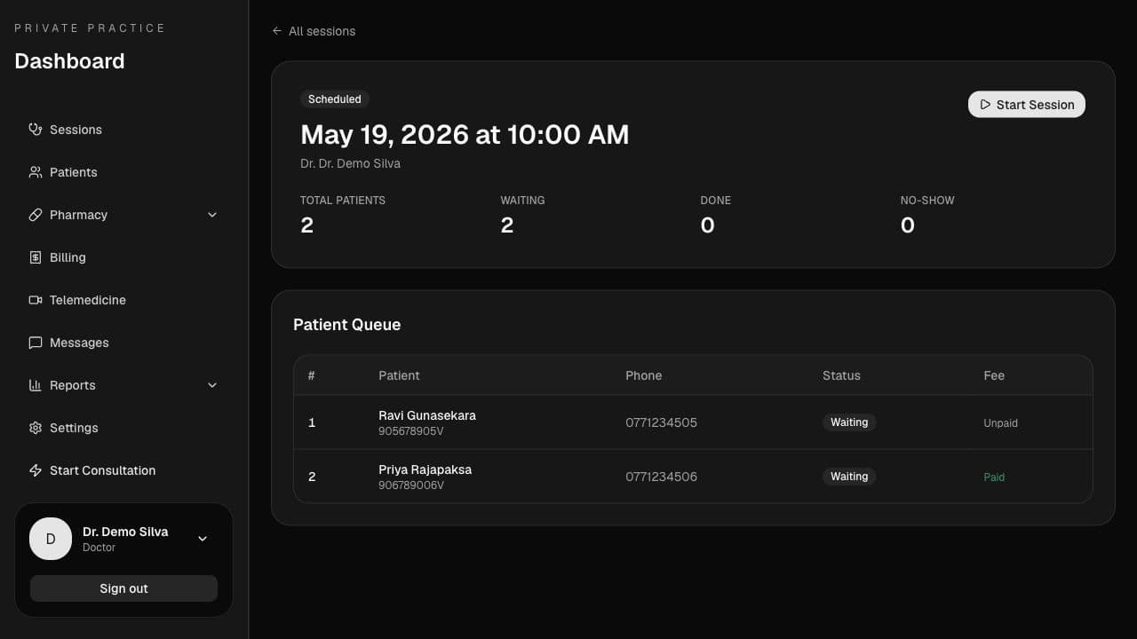 A scheduled session page with the Start Session action.