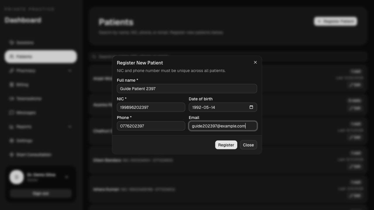 Register Patient dialog with required and optional fields.