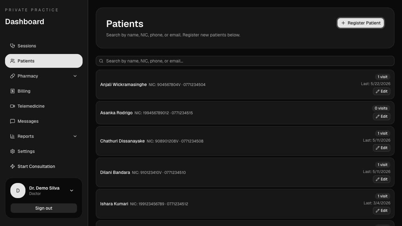 New patient profile after registration.