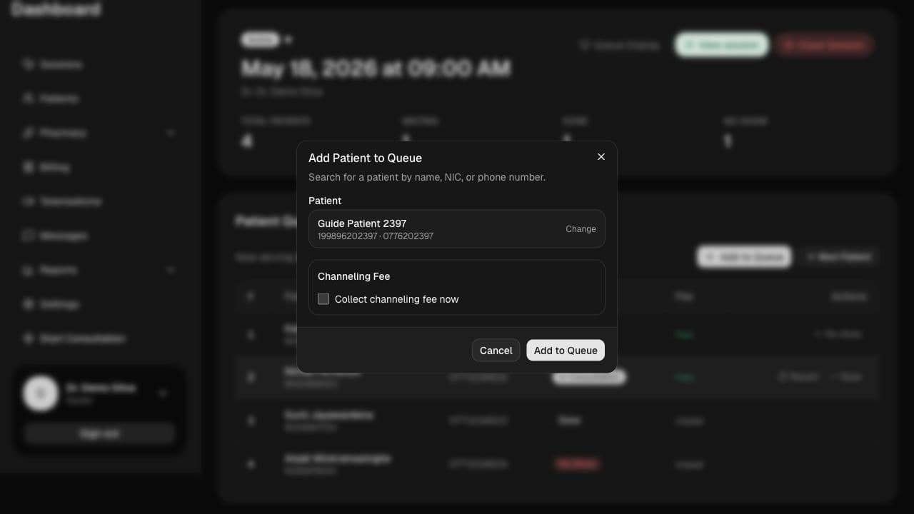 Add Patient to Queue dialog after selecting a patient.