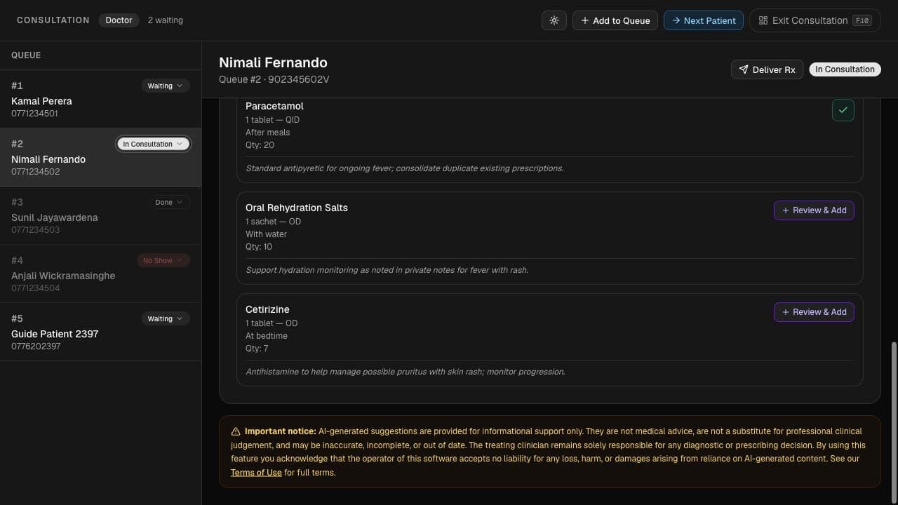 AI tab showing notes and prescription suggestions for clinical review.