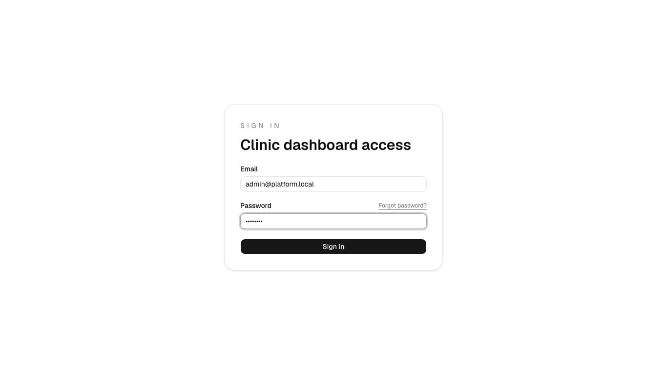 Sign-in form filled with the local seeded super-admin account.