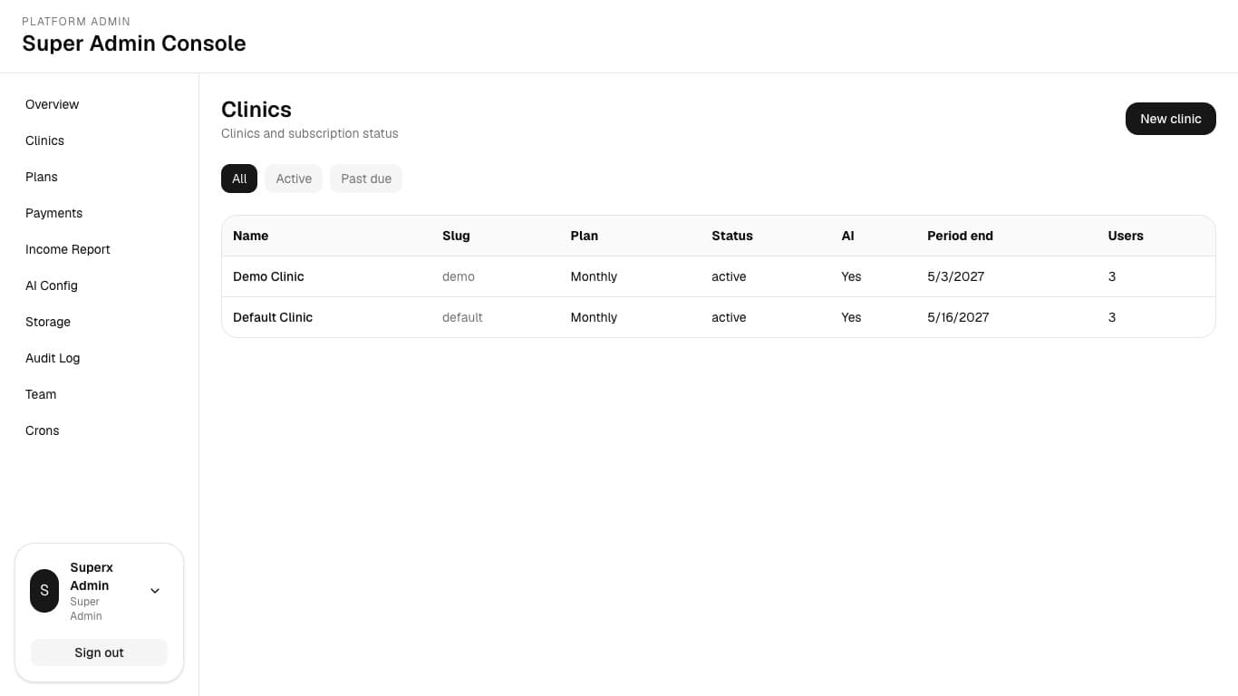 Clinics list with status filters and subscription columns.