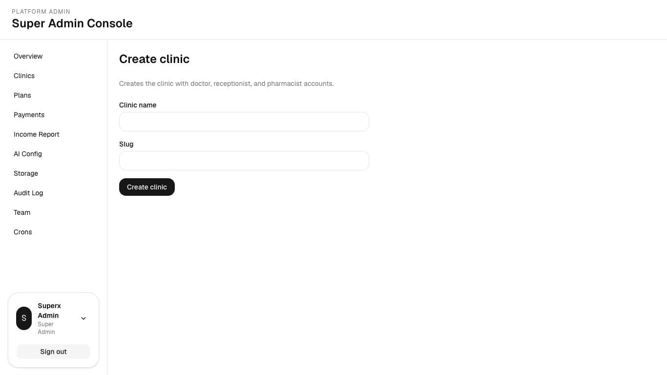 New clinic form with safe sample values before submission.