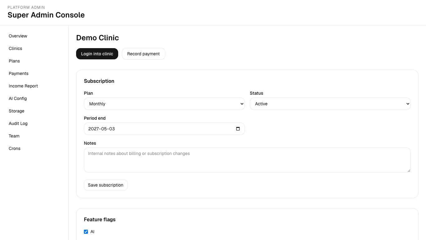 Clinic detail with subscription controls and primary admin actions.