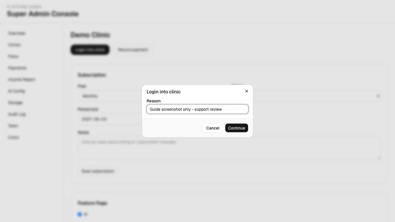 Impersonation reason dialog before continuing.