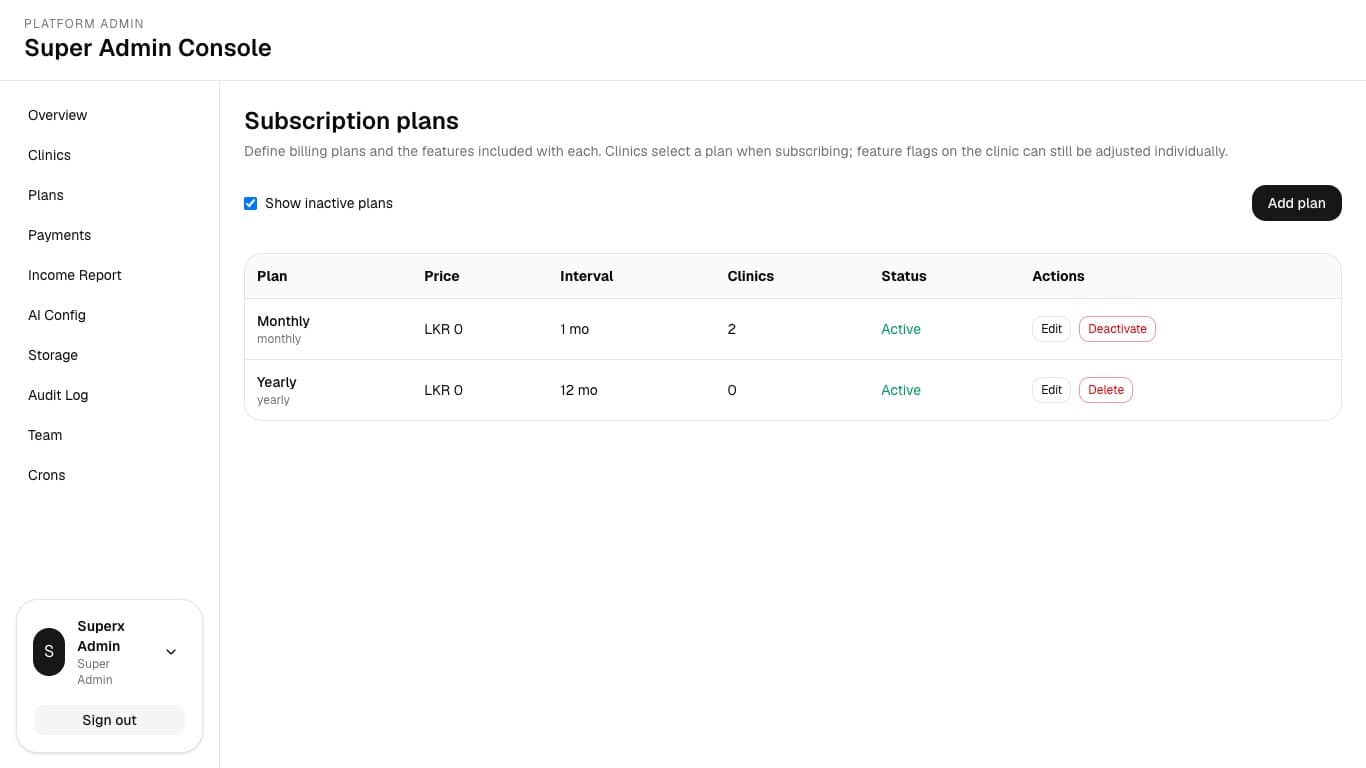 Plans list showing status, counts, and plan actions.