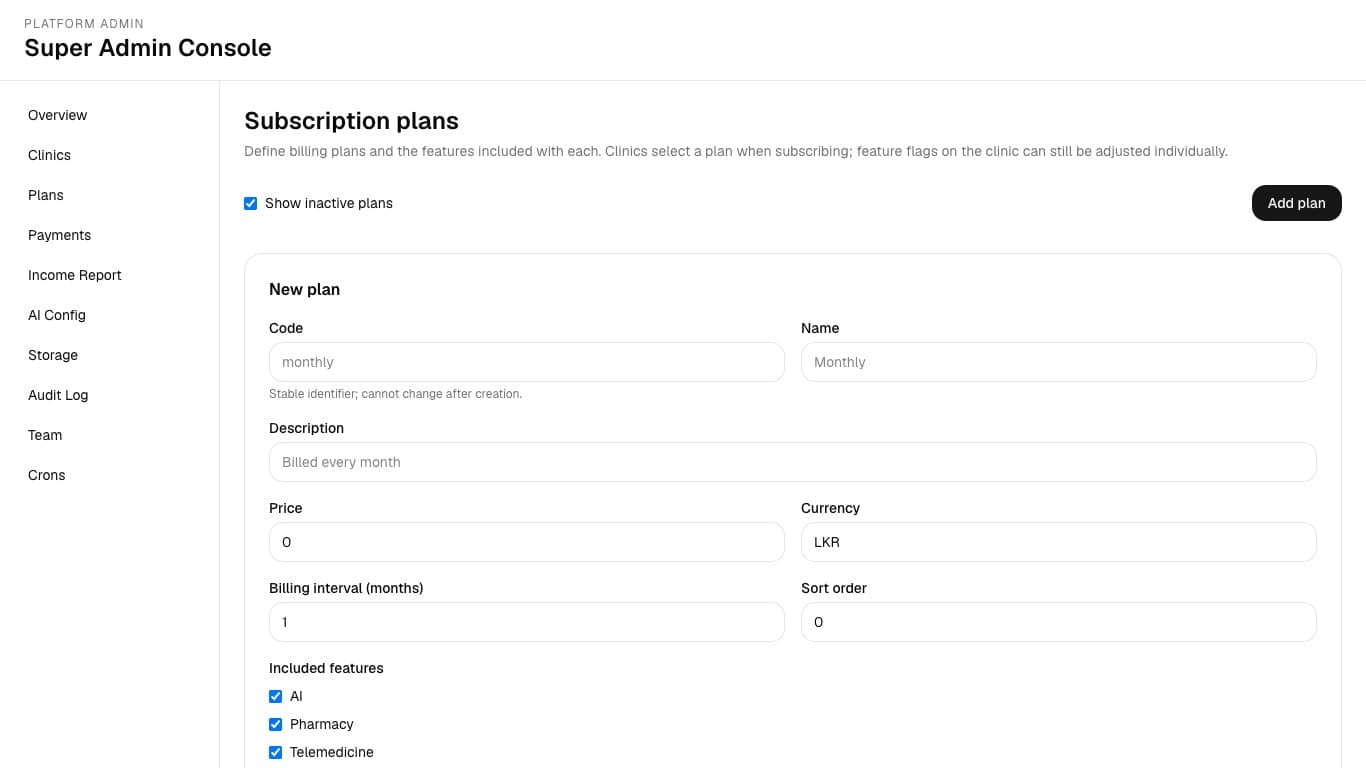 New plan form with included feature controls.