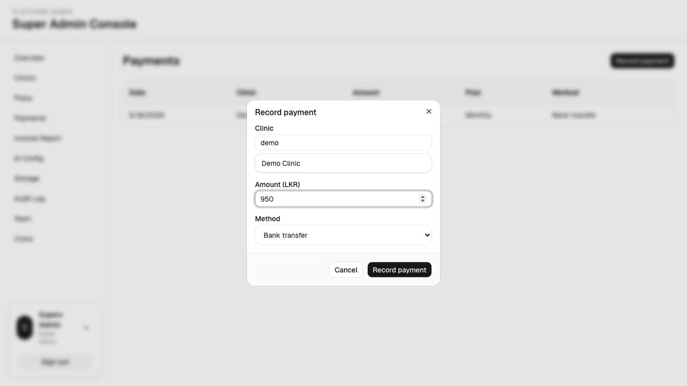 Record payment dialog from the Payments page.
