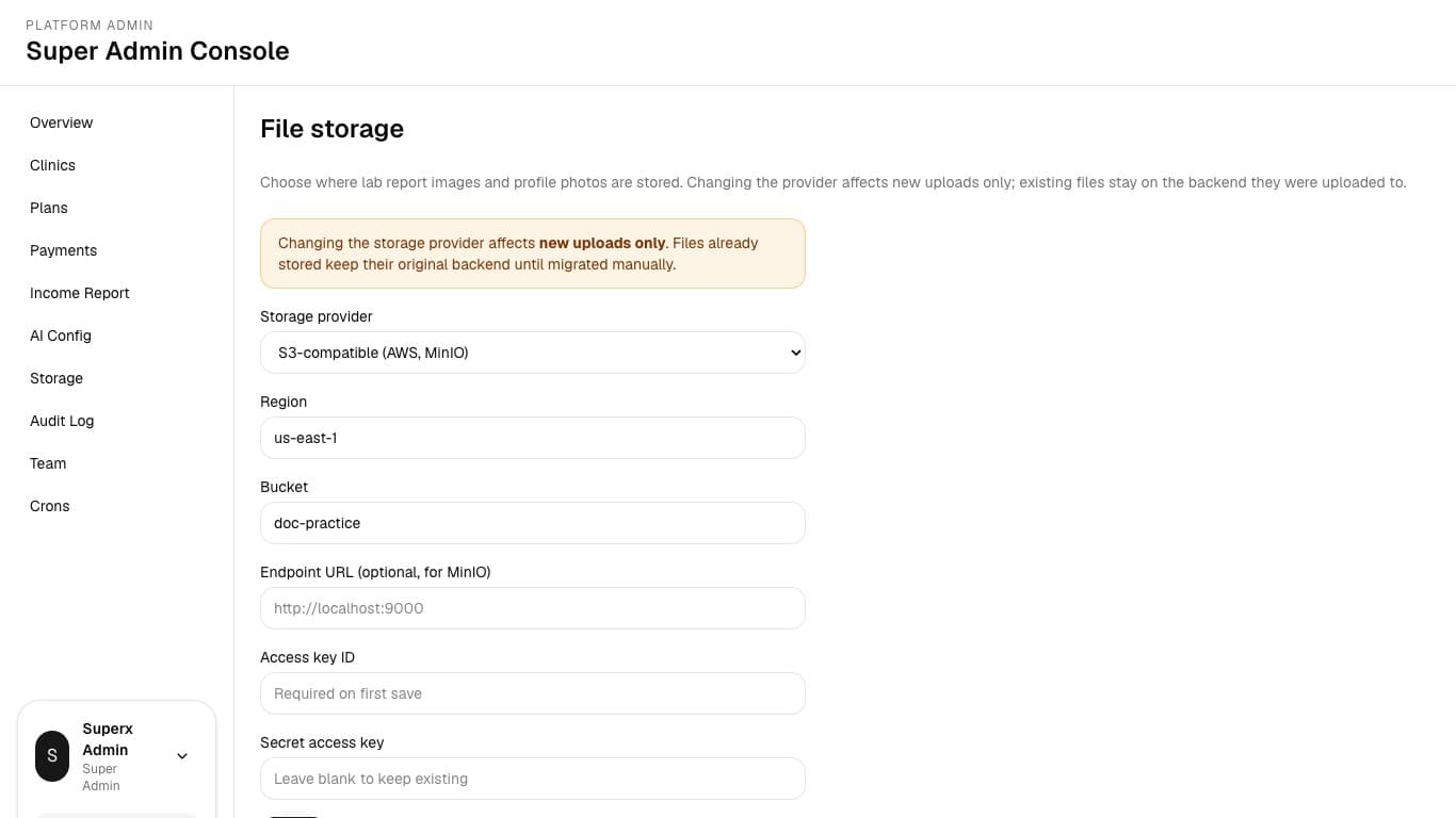 Storage provider configuration and new-upload-only warning.