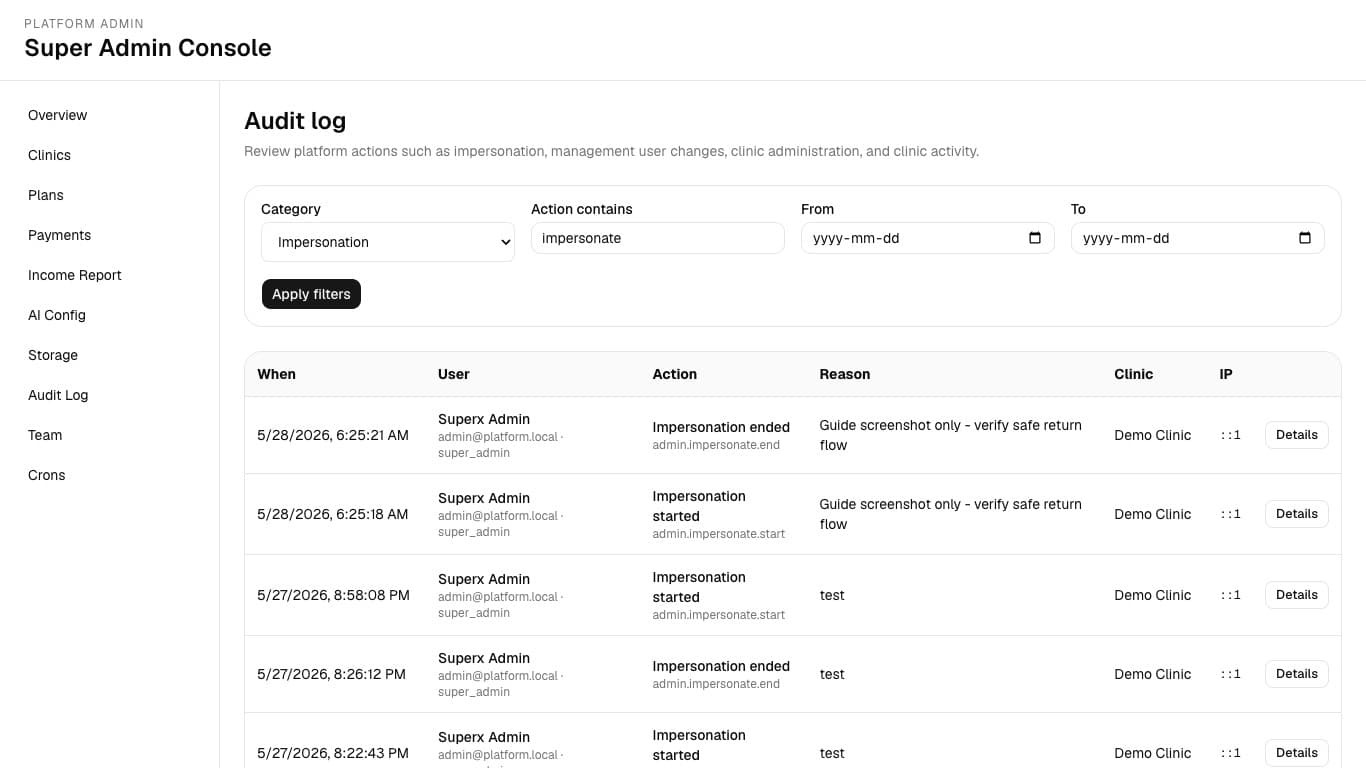 Audit Log filtered to impersonation events.