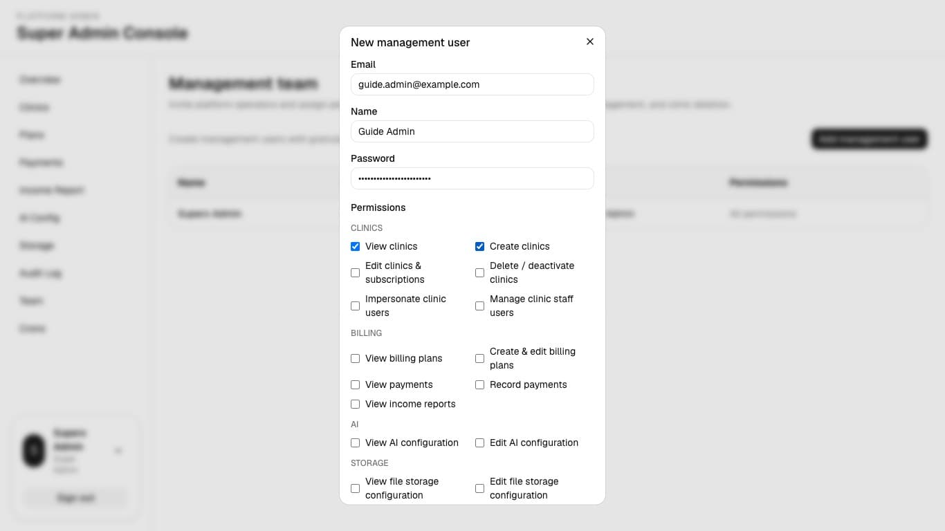 New management user dialog with granular permission groups.