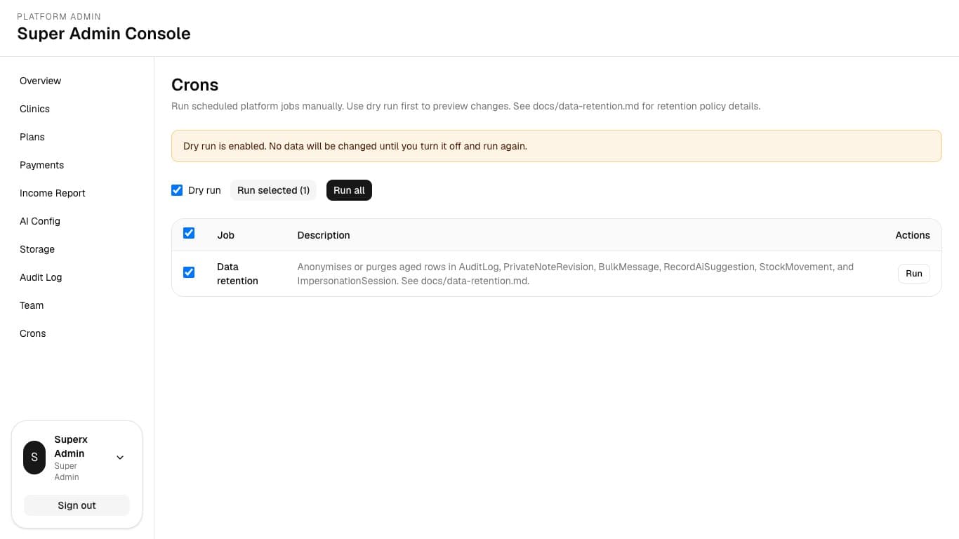 Cron runner with dry-run mode and job selection.