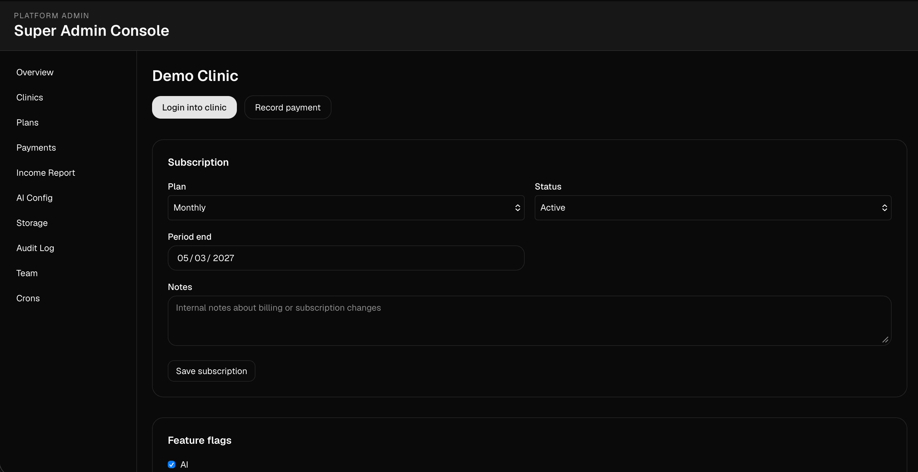 Operate multiple clinics as a SaaS platform product screenshot